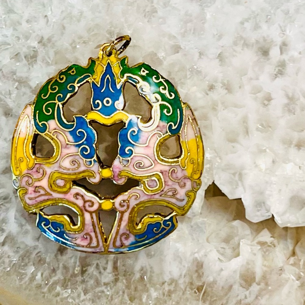 Vintage Twin Dragons Enamel Cloisonné Pendant, 2” x 2”, Gold Tone Bale